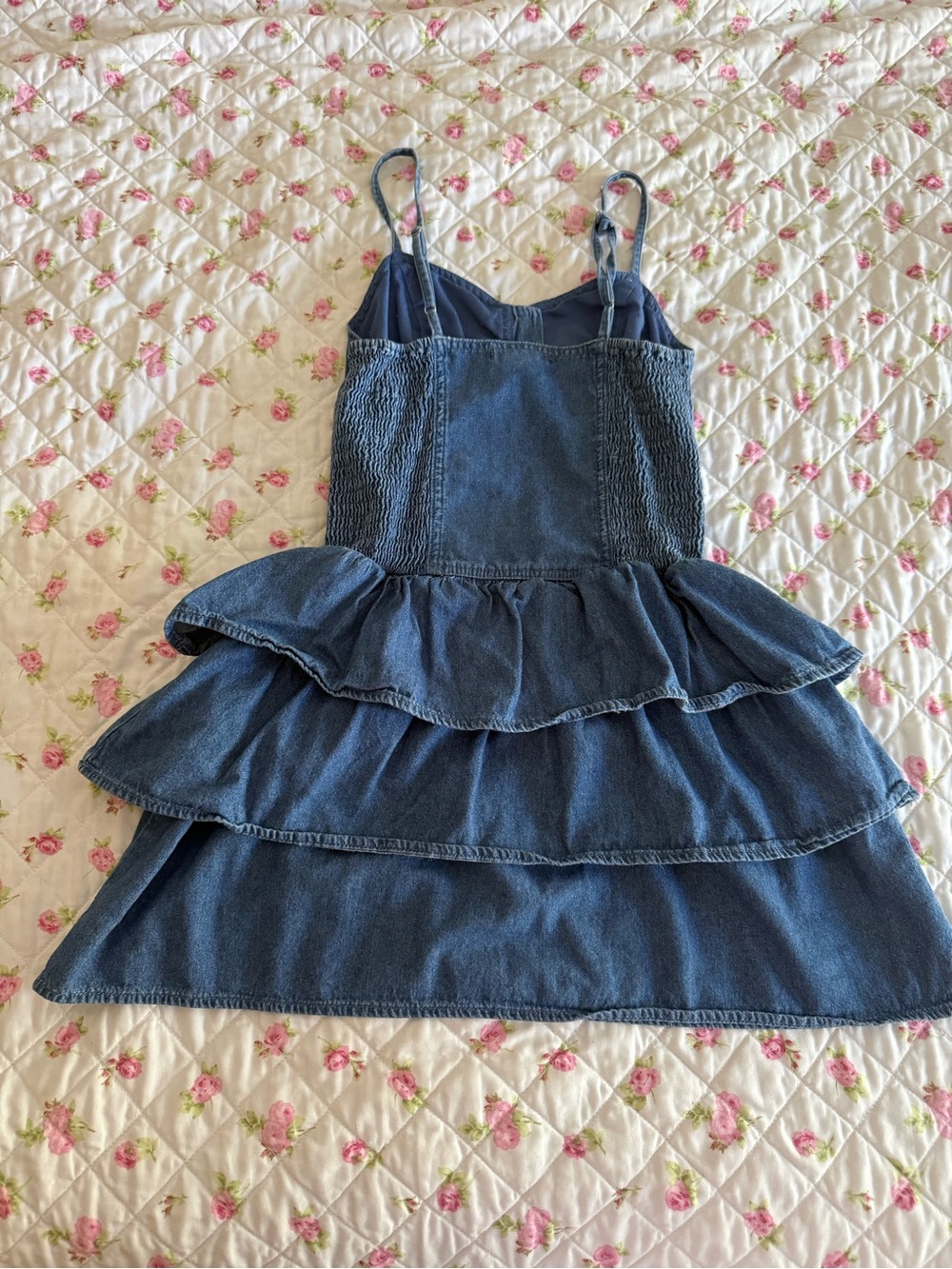 Blue denim mini dress with ruffled tiers and button-up front, size M - Picture 5 of 5